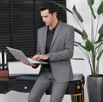 2020 Mados Užsakymą vyriški kostiumai vestuves pokylių Slim verslo dviejų dalių profesinė pilkos spalvos kostiumas (švarkas+ziajać)