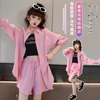 2023 Korėja stilius mergaitėms 3 vnt, nustatyti marškinių+liemenė+kelnės geros kokybės, vasaros mados mergaičių kostiumas 5-15t E653
