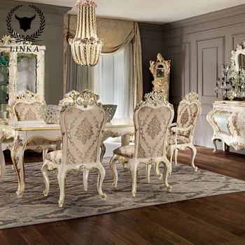 Custom Europos Stiliaus Medžio masyvo Ilgai Valgomojo Stalai ir Kėdės, Prabanga, Aukso Folija, Drožyba, italijos Tapybos Procesą, Palace