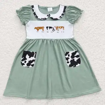 Didmeninė karšto pardavimo dizaino rts Mergaitės, Siuvinėti Karvė Žalia Kišenėje trumpomis Rankovėmis Suknelė Baby Girl Drabužiai vakarų boutique sijonas