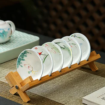 Grynas ranka-dažytos bambuko skrybėlę taurės nustatyti, su nutekėjimo rėmo keramikos underglaze spalva kungfu arbatos puodelis balto porceliano arbatos puodelio