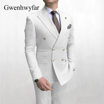 Gwenhwyfar Klasikinis Baltos spalvos Kostiumai Prabanga Aukso Mygtuką Tuxedos Vyrams Geriausias Vyrų Dvigubo Breasted Švarkas kelnės Šalies Prom Oficialus