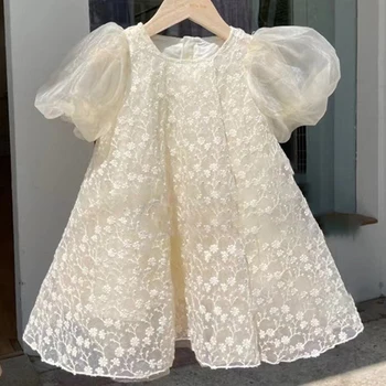 Gėlių Siuvinėjimas Princesė Suknelė Mergaitėms Vasaros Vaikų trumpomis Rankovėmis prancūzų Stiliaus Puff-sleeve Lace Cosetumes 2-8 Metų Vestidos