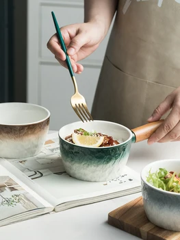 Japonų keramikos vaisių salotų dubenį su medinėmis rankenomis namų kūrybos gradientas akmens tekstūros stalo maža sriuba bowl