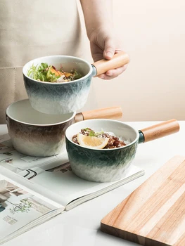 Japonų keramikos vaisių salotų dubenį su medinėmis rankenomis namų kūrybos gradientas akmens tekstūros stalo maža sriuba bowl