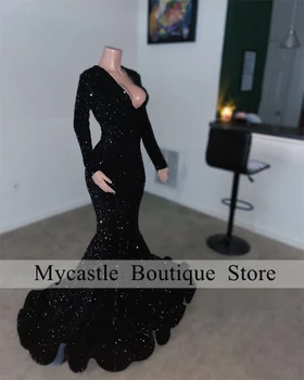 Juoda Ilgomis Rankovėmis Undinė Prom Dresses Elegantiškas 2023 Black Merginos Aksomo Blizgančiais Oficialią Šalies Chalatai Chalatas De Soirée