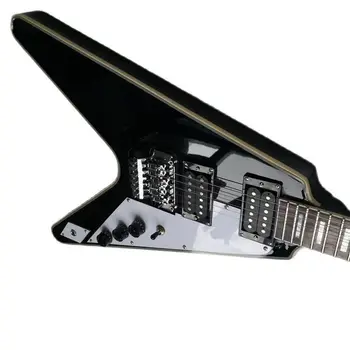 Juodos spalvos, V Formos 6-string elektrine Gitara, 22 Skirsniai Vibrato Sistema Humbucker Tamsiai Pilka Balta Nevienalytės Kratinys Dailė