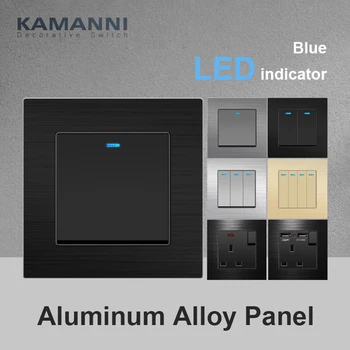 Kamanni Aliuminio Skydelis Su LED Indikatorius 1/2/3/4Gang 1/2Way Per On/Off Sienos, Laiptų Šviesos Jungiklis Europos/prancūzų Maitinimo Lizdas