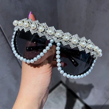 Karalienė Stiliaus Akiniai nuo saulės Moterims 2023 prabangos prekės kokybės Perlų Perlas y2k priedai Negabaritinių Saulės akiniai lentes de sol mujer