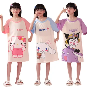 Kawaii Anime Sanrios Nightdress Mielas MyMelody Kuromi Cinnamoroll Animacinių Filmų Pižama Vasaros Medvilnės Trumpomis Rankovėmis Mergina Dress Homewear