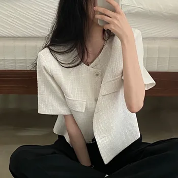 Korėjos Vasaros Naujas Universalus Grubus Tekstilės Moterų Trumpomis Rankovėmis Striukė Retro Nišą Dizaino Kišenėje Viena Breasted Moteris Viršūnės