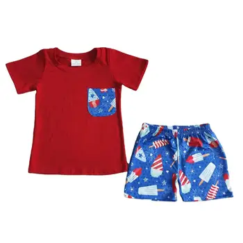 Ledų Spausdinti trumpomis Rankovėmis Kišenėje Tee Marškinėliai Boutique Apranga Mėlyna Raudona Rinkinius Vaikams, Vaikiška Berniukai