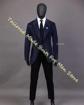 Tamsiai Mėlyna Velvetas Striukės Komplektai Slim Įrengtas 3 Gabalus Elegantiškas Vestuvių Suknelės Oficialią Kartų Drabužių Draugu Kostiumas Verslo