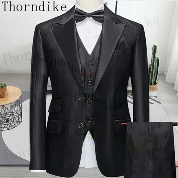 Thorndike vyriški Prekės Kostiumai Blazer 3 vnt Juodas Elegantiškas Slim Fit Mygtuką Suknelė, Kostiumas, Liemenė Šalis Vestuvių Oficialus Verslo Atsitiktinis