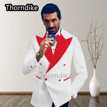 Thorndike Vėliau kaip Striukė, Kelnės Dizaino 2022 Dvigubo Breasted Balti vyriški Kostiumas Tinka Raudonas Taškas Apykaklės Smokingas