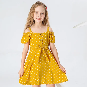 Vaikų mergaičių Dot Cami Suknelė Drabužius Mergaitėms Vasaros 2022 Naują Priekinį Mygtuką Cassual-line Geltona Suknelė su Diržu, Vaikų Drabužiai