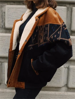 Žiemos Derliaus Moterų Kailis Šiltas Spausdinimas Storio Vilnos Gobtuvu Pliušinis Kailis Atsitiktinis Retro Kailis Ponios Outwear Prarasti Striukė Moterims